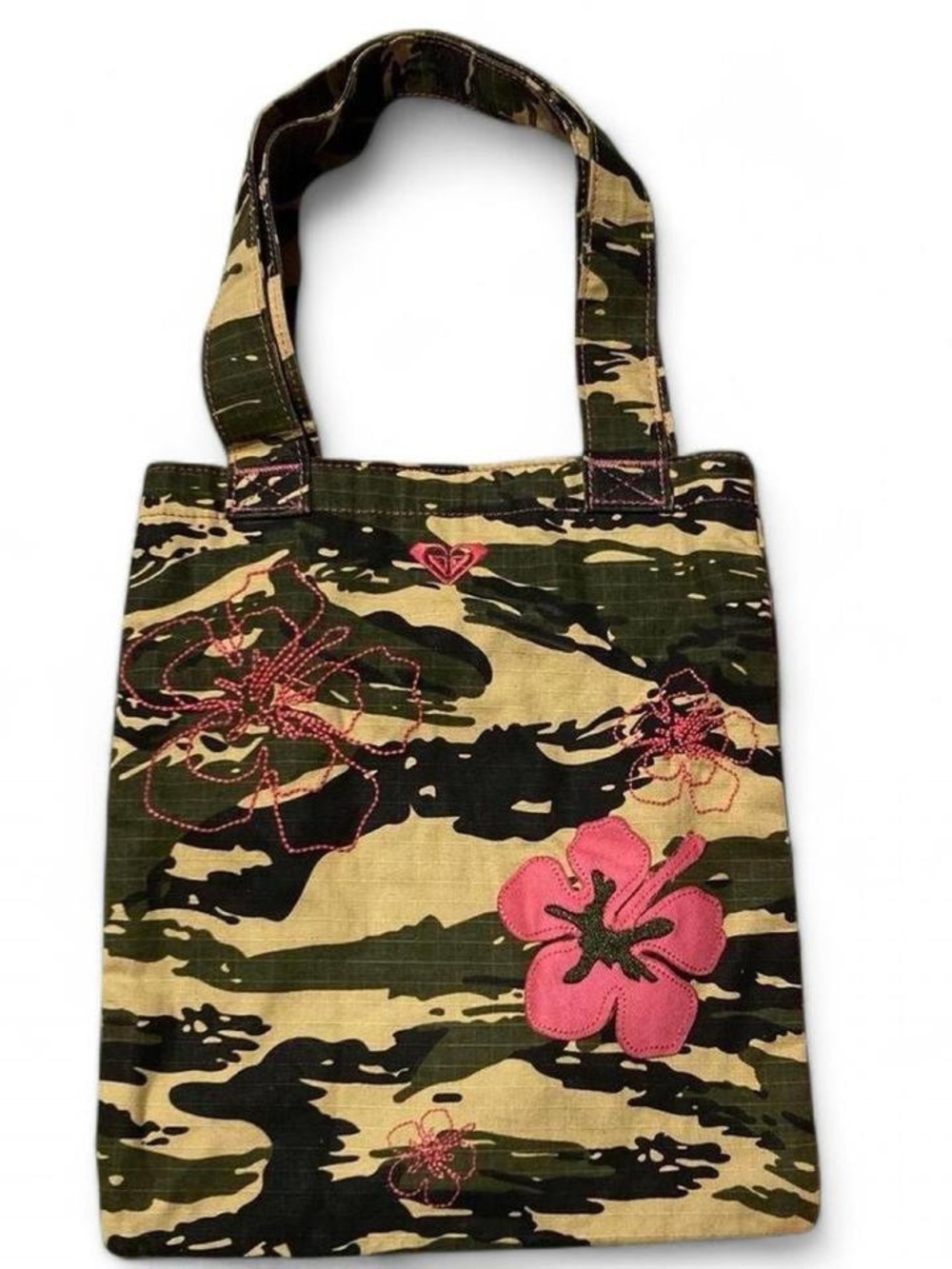 Roxy Camouflage Tote with Pink Floral Appliqués